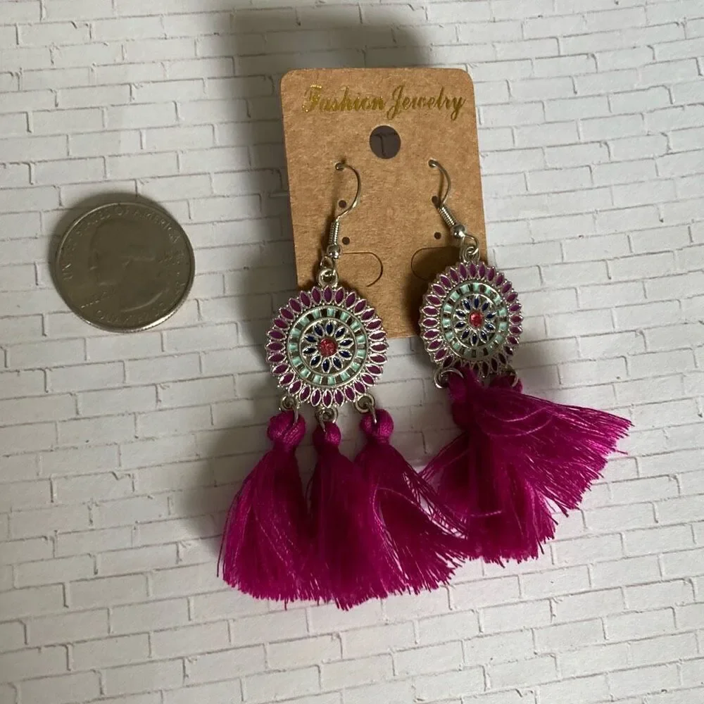 Boho Tassel Earrings with Enamel Mandala